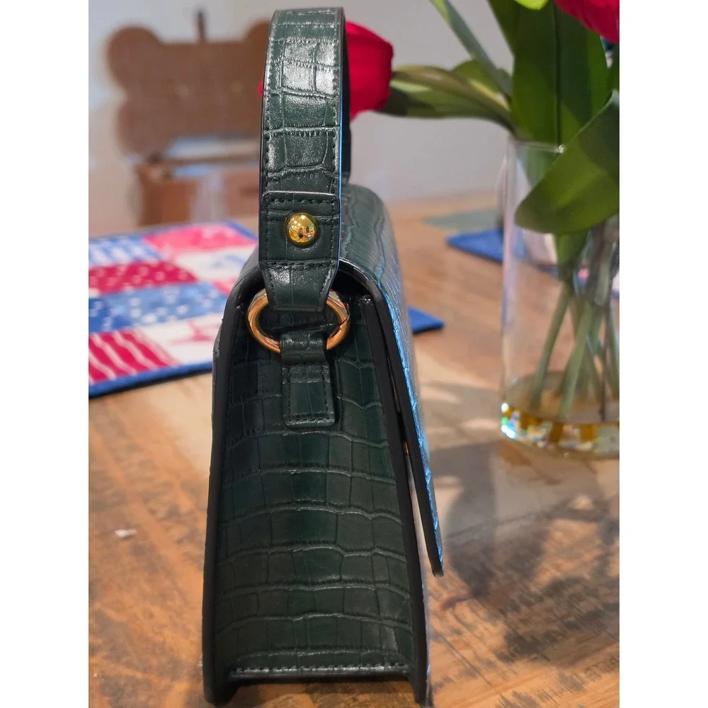 JW PEI Dark Green Croc Embossed‎ Vegan Leather Top Handle Flap Bag Gold Hardware